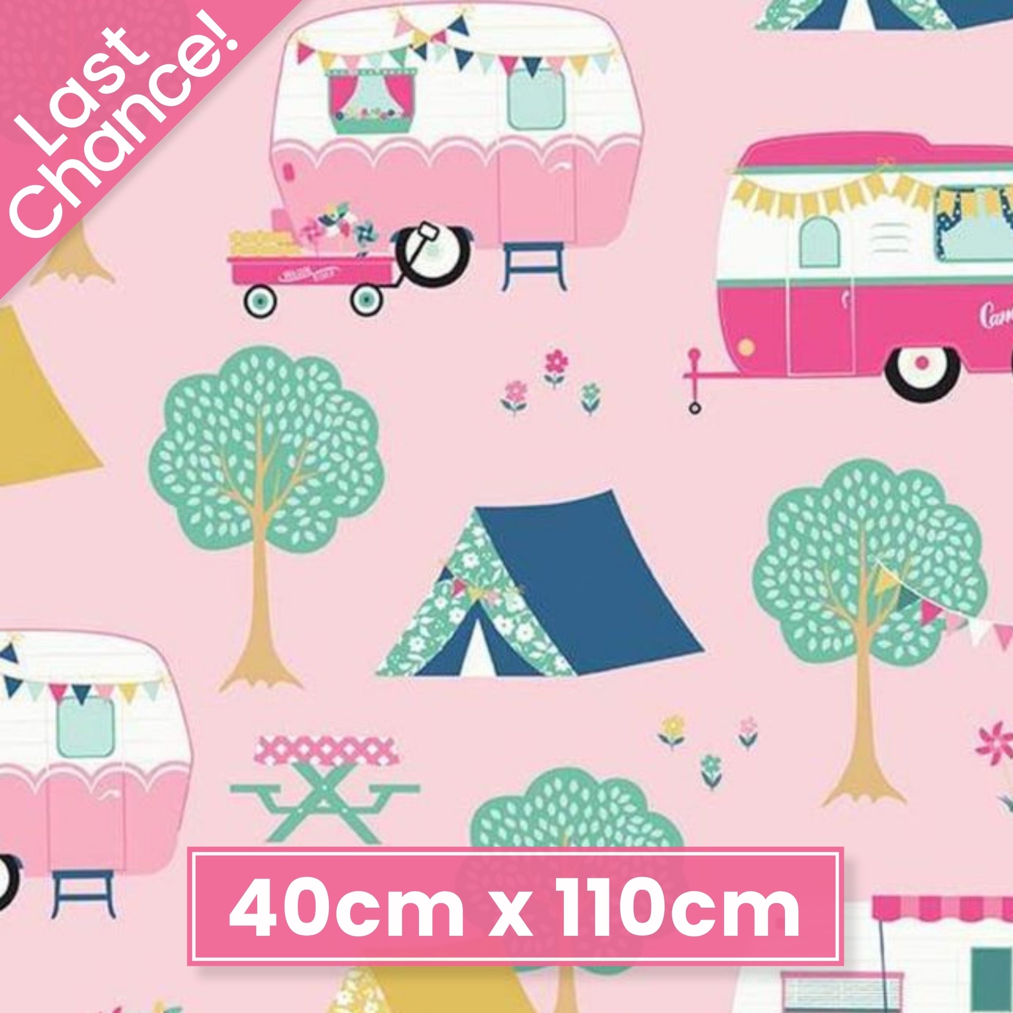 Pink quilting cotton fabric with pink and aqua retro caravans, tents, trees, and bicycles