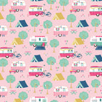 Retro caravans tents bicycles flamingos bunting bubblegum pink novelty quilting fabric for holiday quilts bags caravan curtains and camping cushions