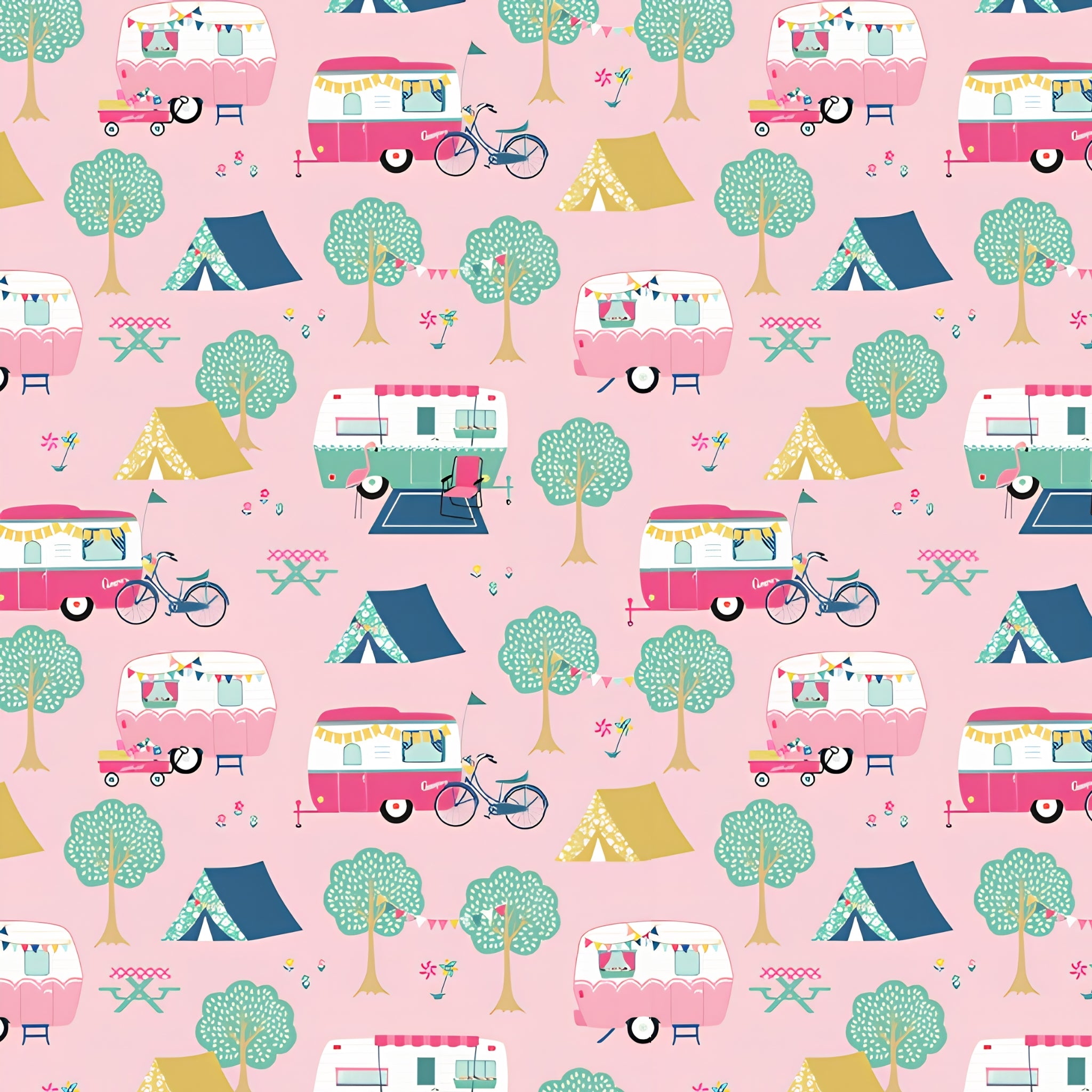 Retro caravans tents bicycles flamingos bunting bubblegum pink novelty quilting fabric for holiday quilts bags caravan curtains and camping cushions