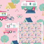 Retro caravans tents bicycles flamingos bunting bubblegum pink novelty quilting fabric for holiday quilts bags caravan curtains and camping cushions