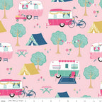 Retro caravans tents bicycles flamingos bunting bubblegum pink novelty quilting fabric for holiday quilts bags caravan curtains and camping cushions