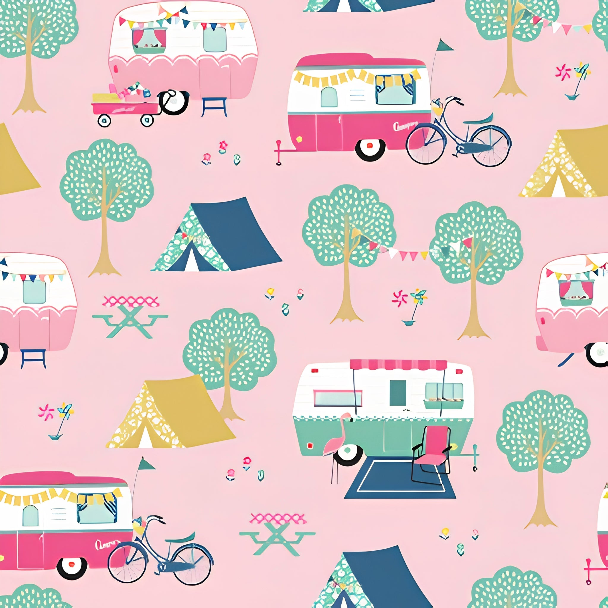 Retro caravans tents bicycles flamingos bunting bubblegum pink novelty quilting fabric for holiday quilts bags caravan curtains and camping cushions