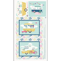 Quilting cotton project panel with retro caravans and pinwheel borders in yellow, pink, and blue