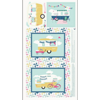 Quilting cotton project panel with retro caravans and pinwheel borders in yellow, pink, and blue