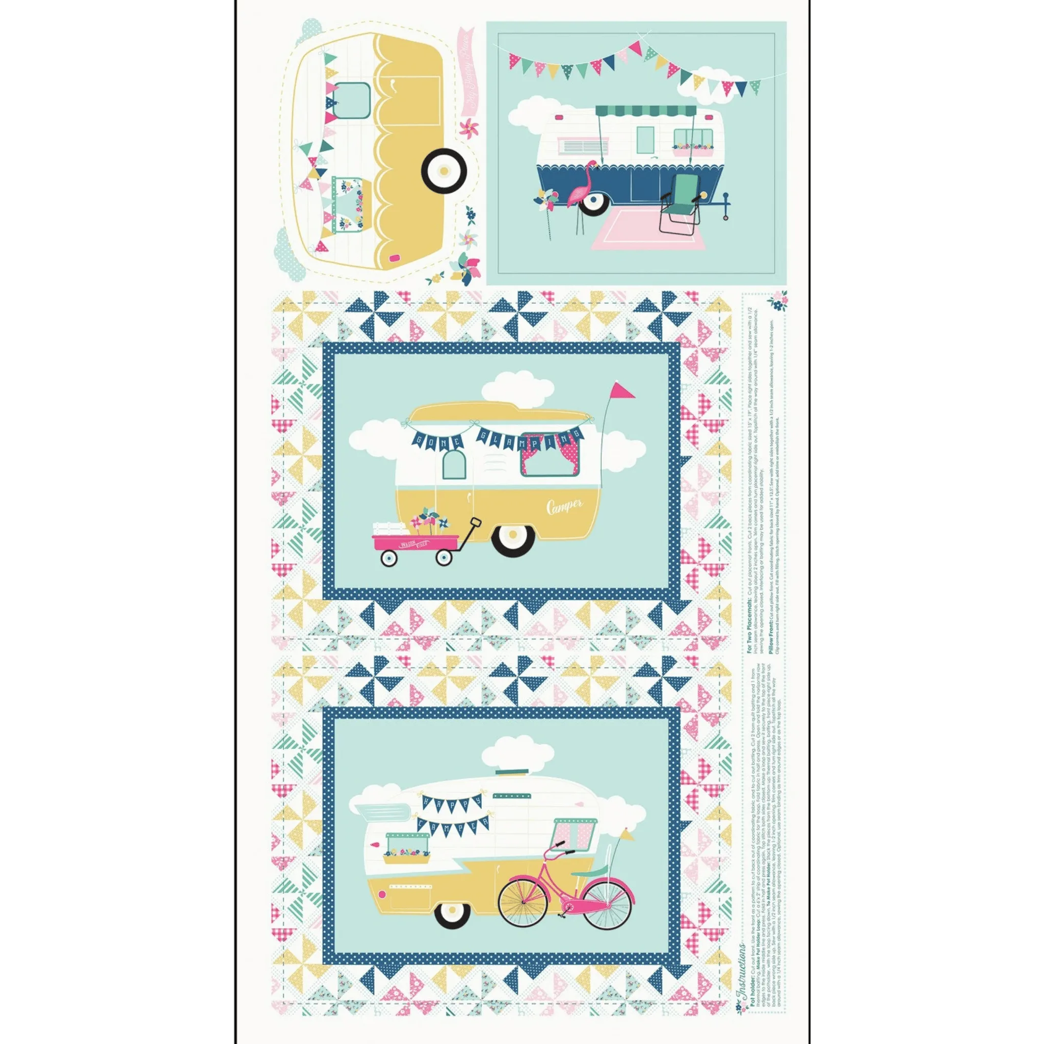 Quilting cotton project panel with retro caravans and pinwheel borders in yellow, pink, and blue