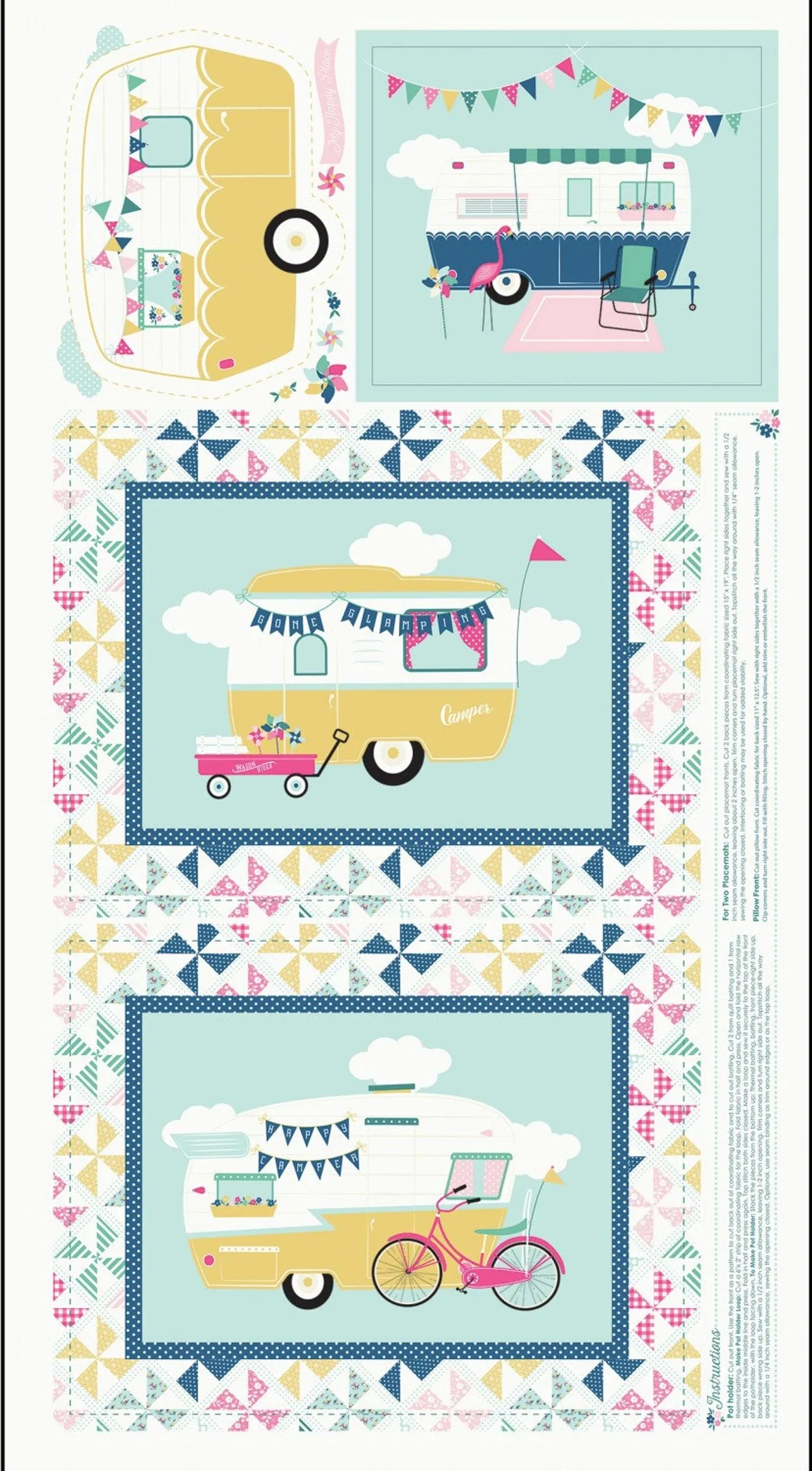 I'd Rather Be Glamping Panel Blue - Riley Blake - Three Wishes Patchwork Fabric