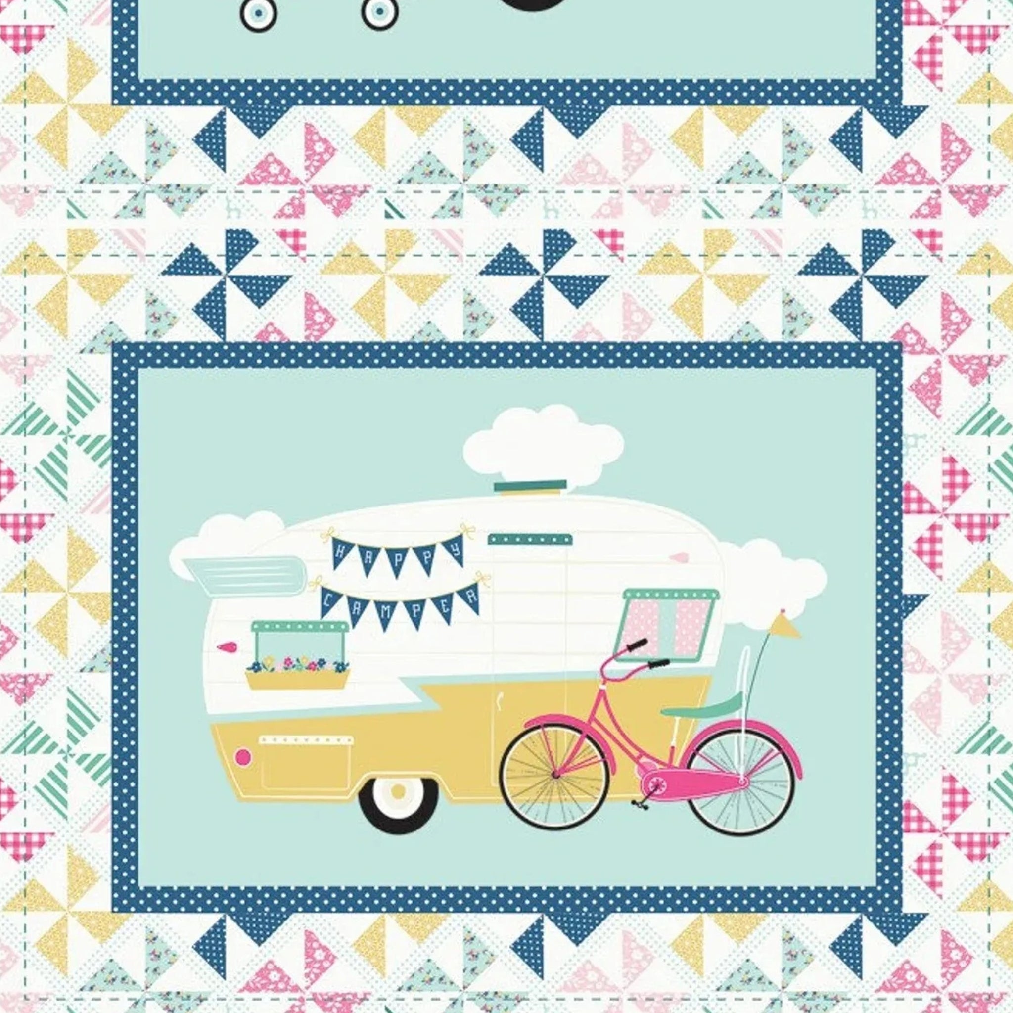 I'd Rather Be Glamping panel blue retro caravans flamingo bunting pinwheel patchwork borders for placemats hot pad cushion cover quilts and tote bags
