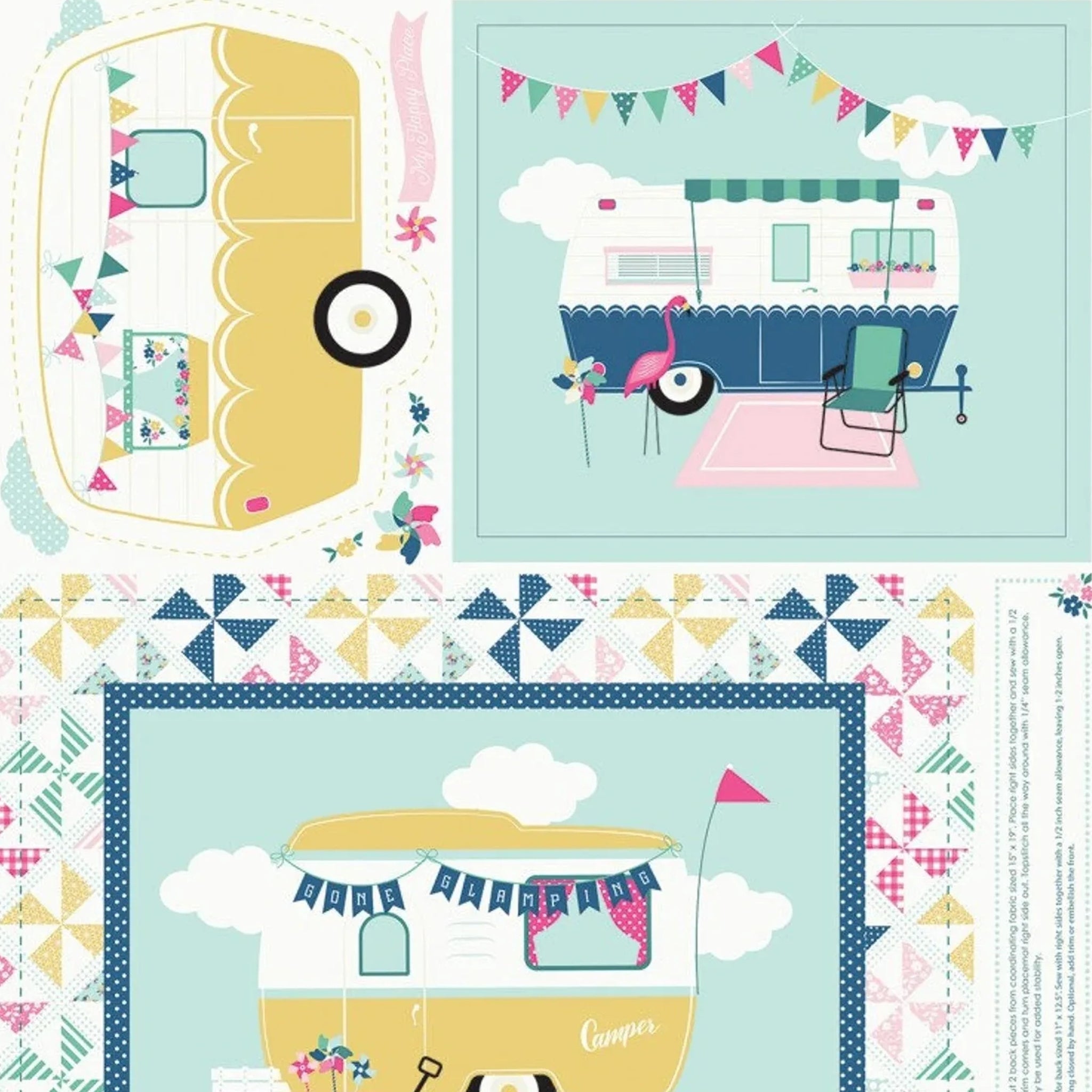 I'd Rather Be Glamping panel blue retro caravans flamingo bunting pinwheel patchwork borders for placemats hot pad cushion cover quilts and tote bags