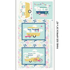 I'd Rather Be Glamping panel blue retro caravans flamingo bunting pinwheel patchwork borders for placemats hot pad cushion cover quilts and tote bags
