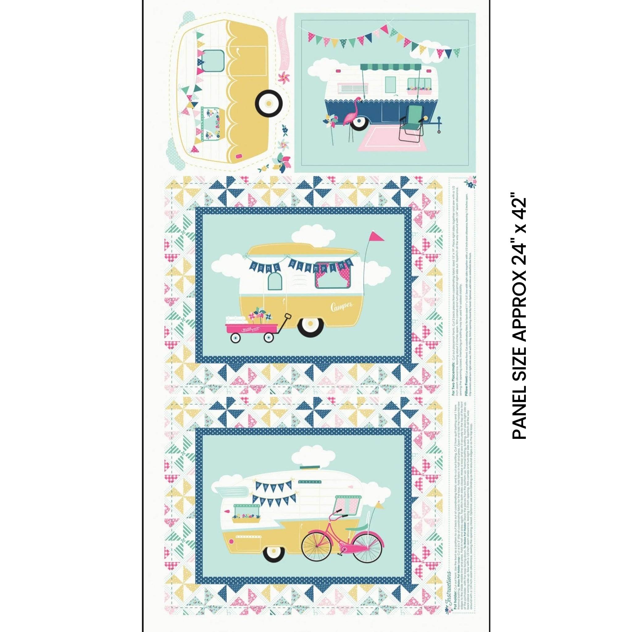 I'd Rather Be Glamping panel blue retro caravans flamingo bunting pinwheel patchwork borders for placemats hot pad cushion cover quilts and tote bags