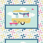 I'd Rather Be Glamping panel blue retro caravans flamingo bunting pinwheel patchwork borders for placemats hot pad cushion cover quilts and tote bags