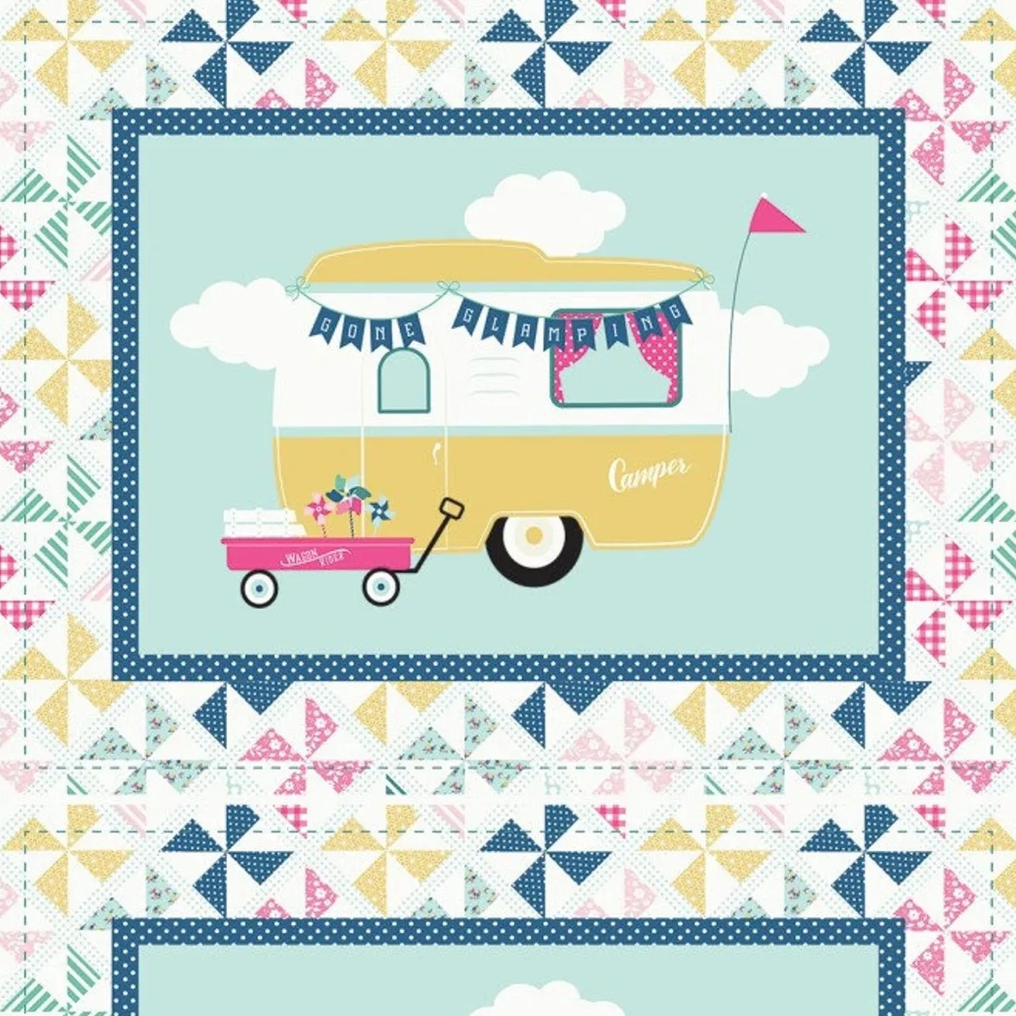 I'd Rather Be Glamping panel blue retro caravans flamingo bunting pinwheel patchwork borders for placemats hot pad cushion cover quilts and tote bags