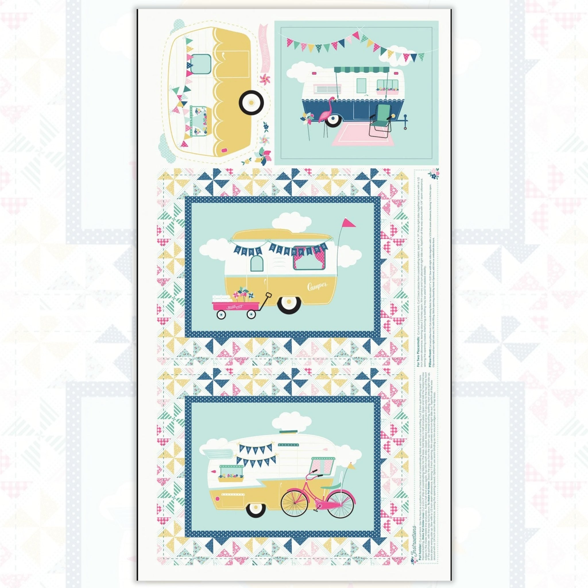 I'd Rather Be Glamping panel blue retro caravans flamingo bunting pinwheel patchwork borders for placemats hot pad cushion cover quilts and tote bags