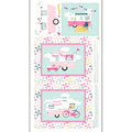 Quilting cotton project panel with retro caravans and pinwheel borders in yellow, pink, and blue