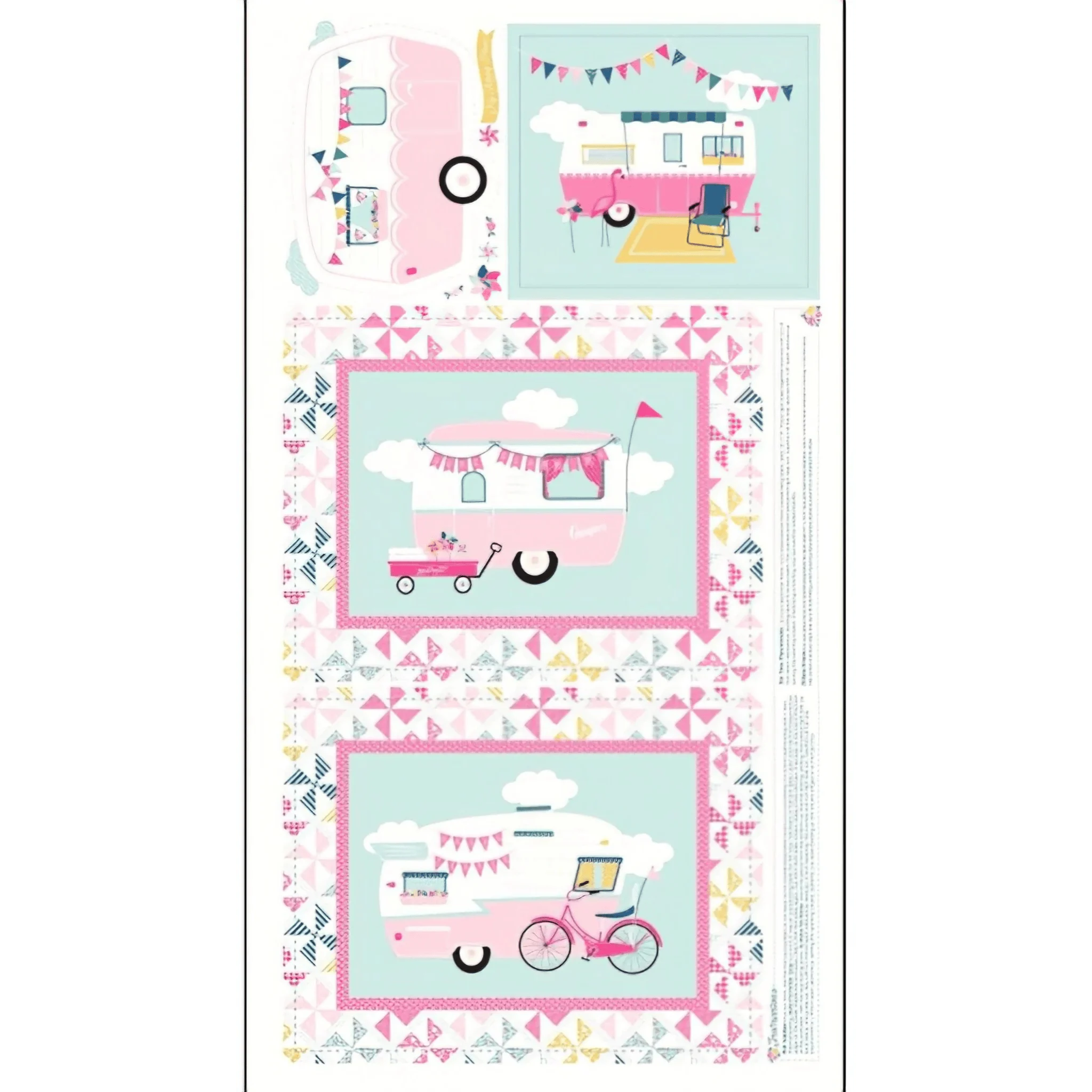 Quilting cotton project panel with retro caravans and pinwheel borders in yellow, pink, and blue