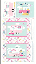 Quilting cotton project panel with retro caravans and pinwheel borders in yellow, pink, and blue