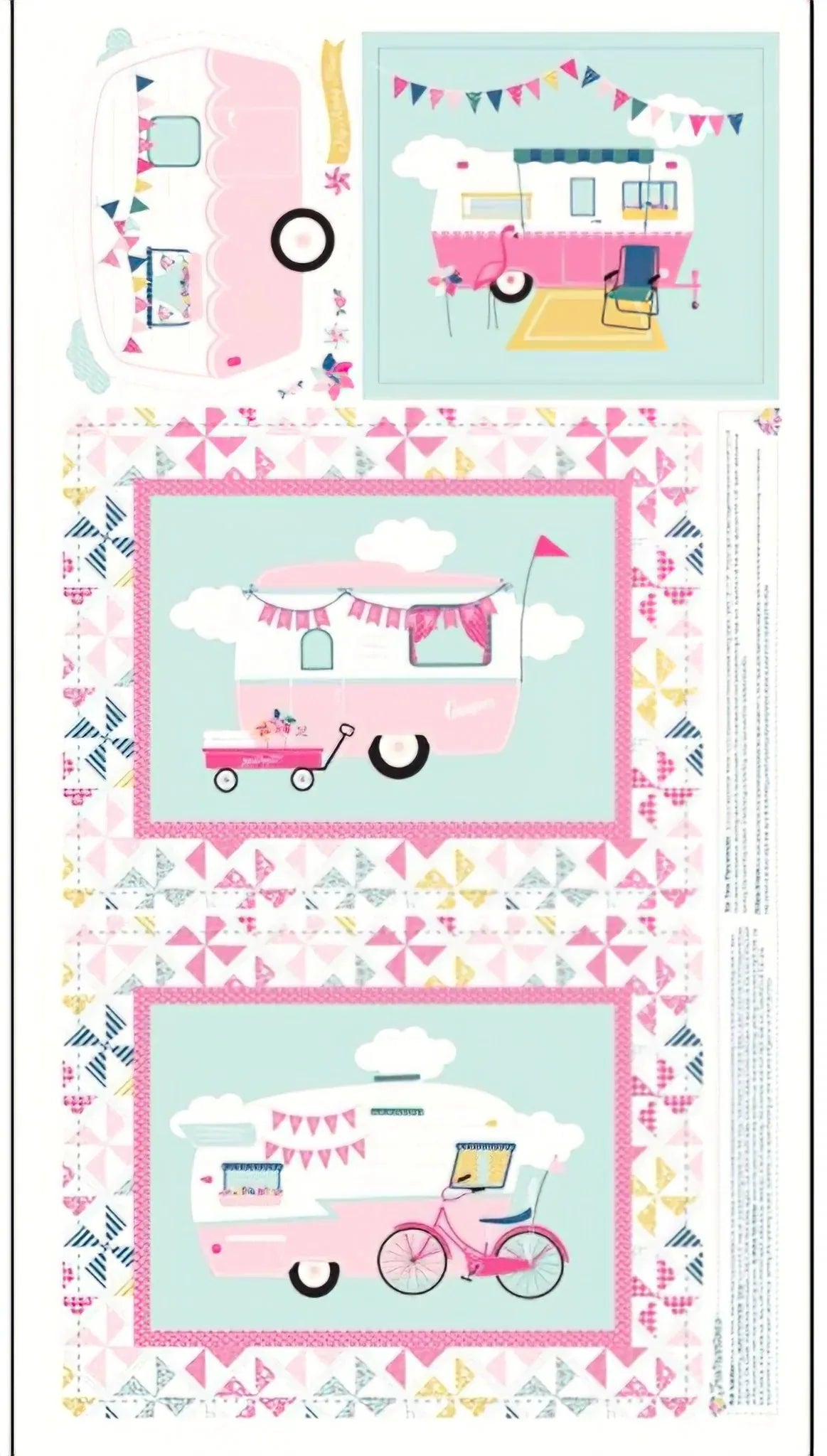 Quilting cotton project panel with retro caravans and pinwheel borders in yellow, pink, and blue