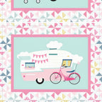 I'd Rather Be Glamping panel pink retro caravans bunting pinwheel patchwork borders for placemats hot pad cushion cover quilts and tote bags