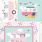 I'd Rather Be Glamping panel pink retro caravans bunting pinwheel patchwork borders for placemats hot pad cushion cover quilts and tote bags