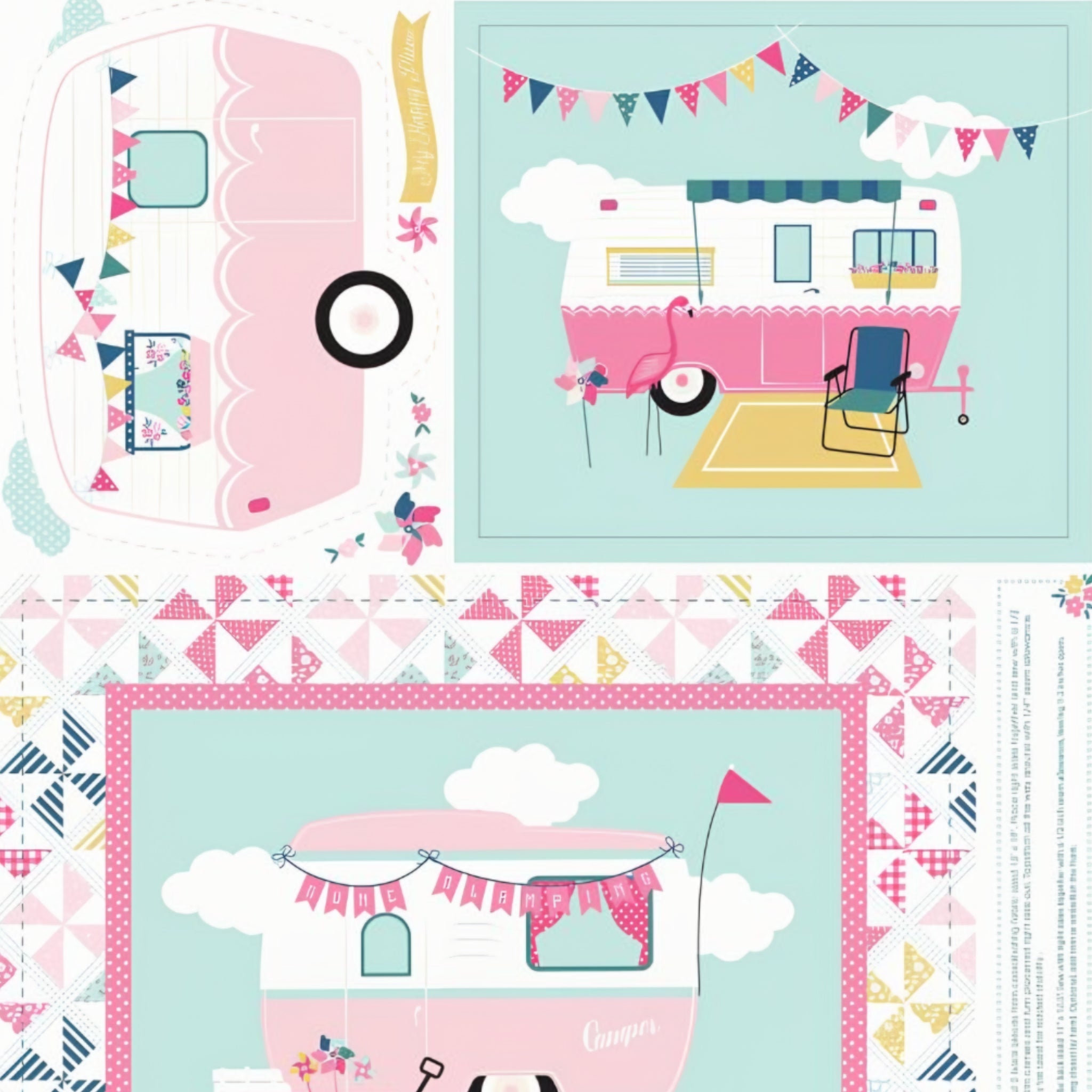 I'd Rather Be Glamping panel pink retro caravans bunting pinwheel patchwork borders for placemats hot pad cushion cover quilts and tote bags