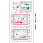 I'd Rather Be Glamping panel pink retro caravans bunting pinwheel patchwork borders for placemats hot pad cushion cover quilts and tote bags