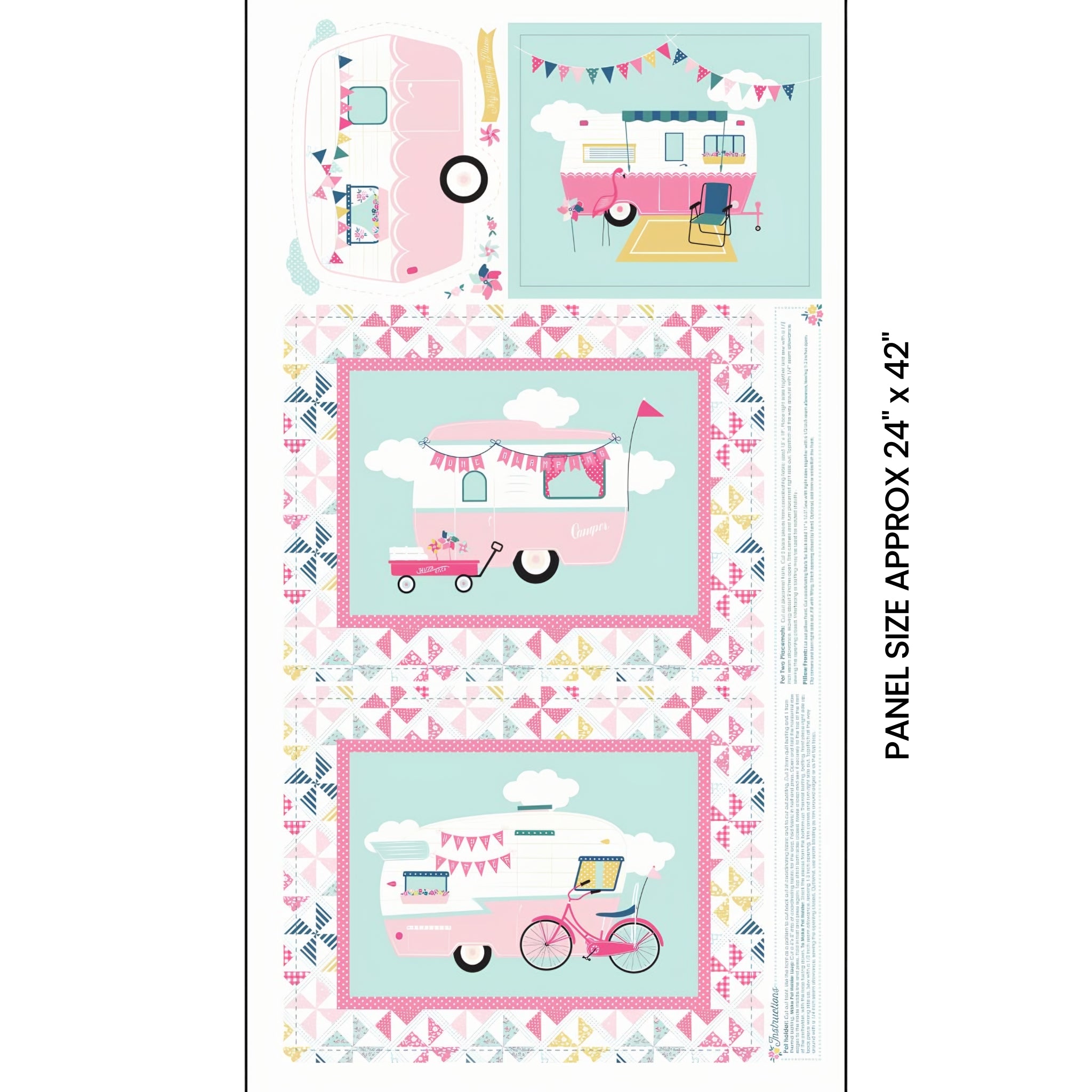I'd Rather Be Glamping panel pink retro caravans bunting pinwheel patchwork borders for placemats hot pad cushion cover quilts and tote bags