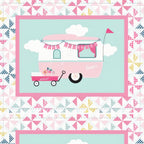 I'd Rather Be Glamping panel pink retro caravans bunting pinwheel patchwork borders for placemats hot pad cushion cover quilts and tote bags