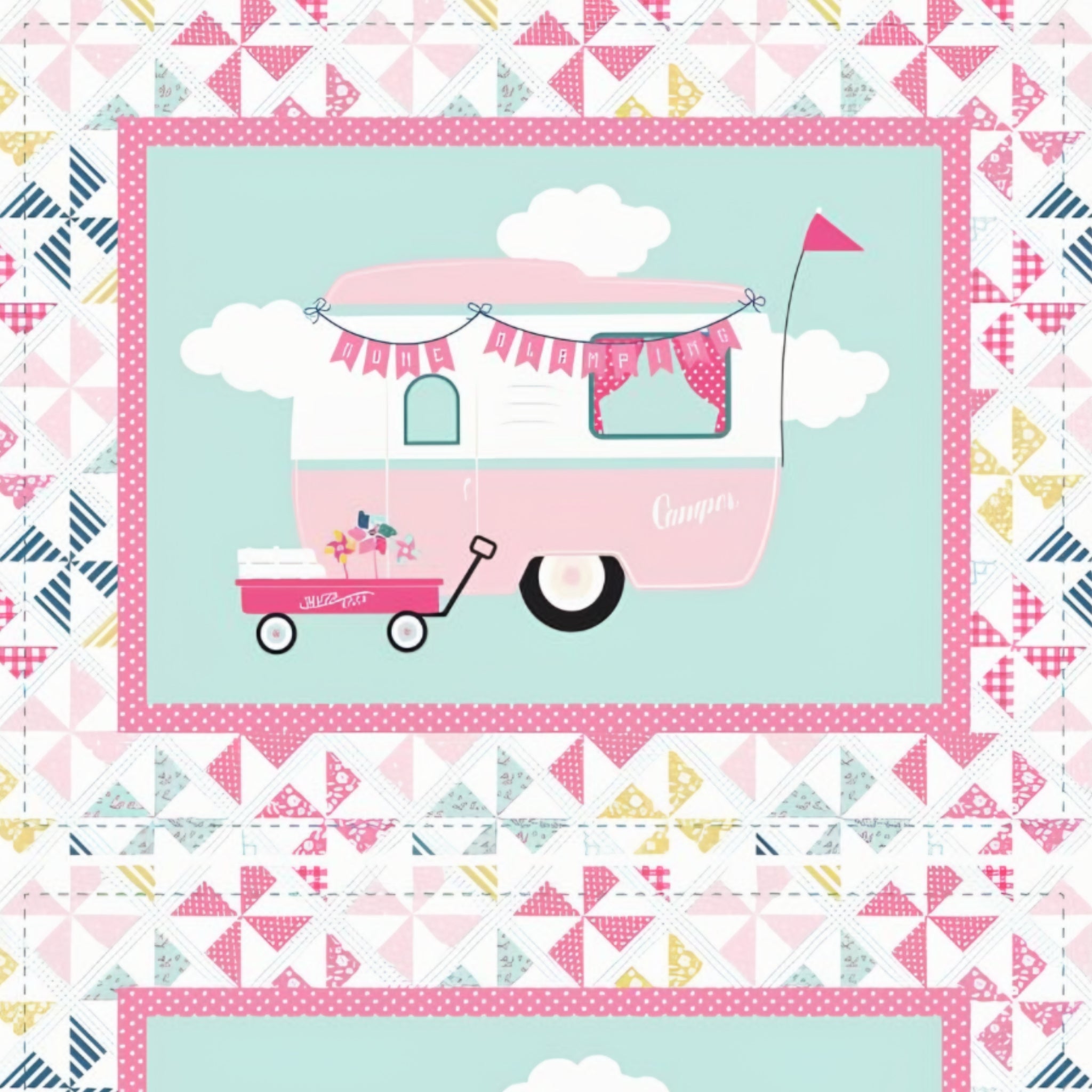 I'd Rather Be Glamping panel pink retro caravans bunting pinwheel patchwork borders for placemats hot pad cushion cover quilts and tote bags