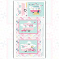 I'd Rather Be Glamping panel pink retro caravans bunting pinwheel patchwork borders for placemats hot pad cushion cover quilts and tote bags