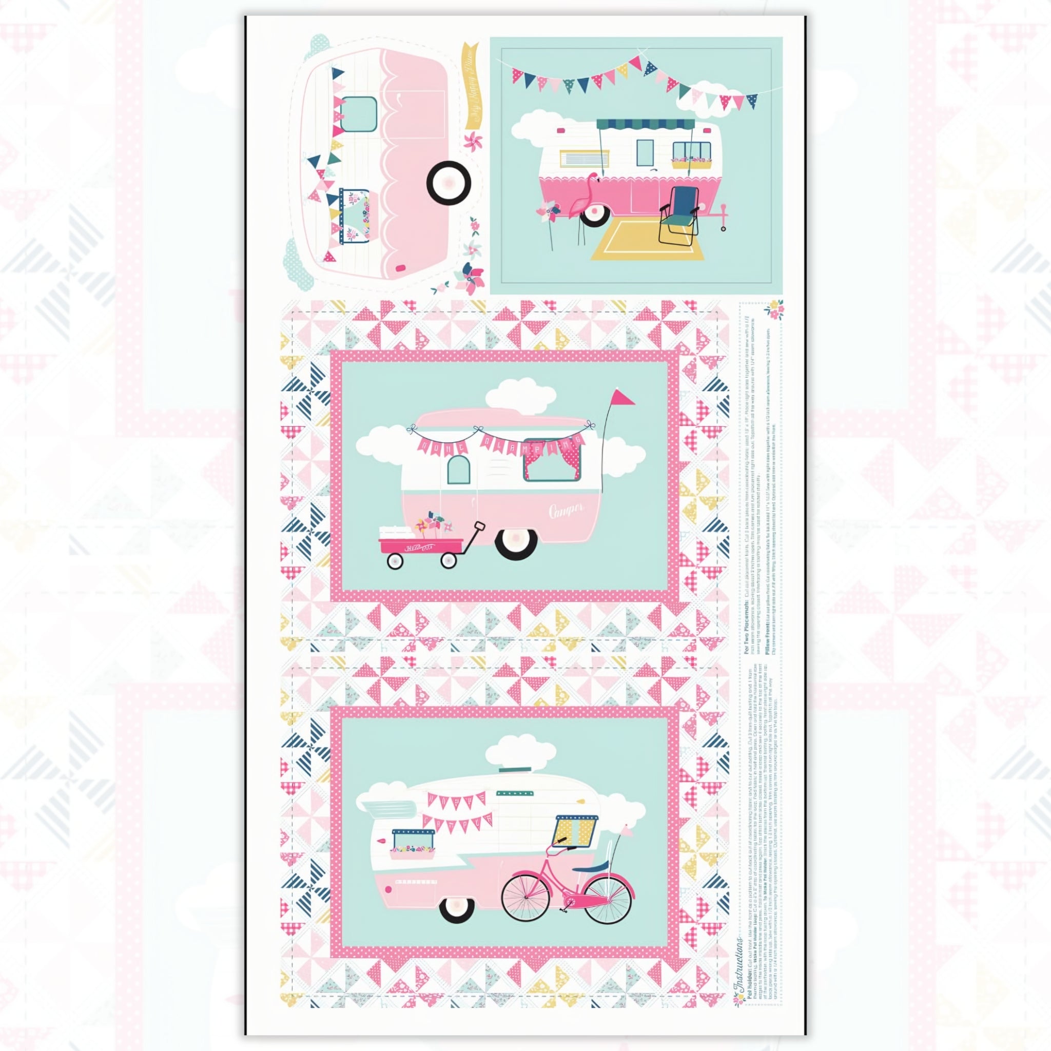 I'd Rather Be Glamping panel pink retro caravans bunting pinwheel patchwork borders for placemats hot pad cushion cover quilts and tote bags