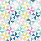 Geometric pinwheel patchwork print mint pink navy mustard yellow white quilting fabric for quilts bags cushions and nursery décor
