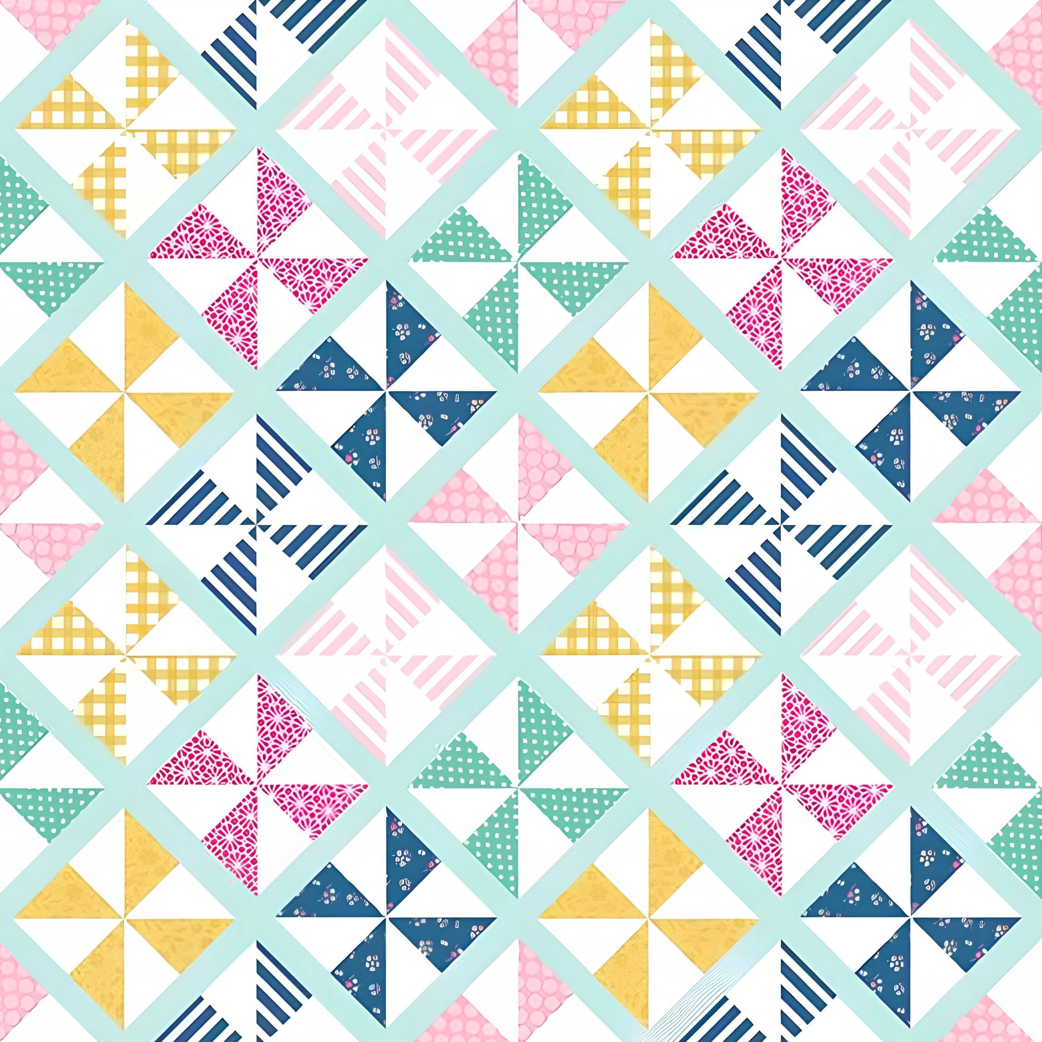 Geometric pinwheel patchwork print mint pink navy mustard yellow white quilting fabric for quilts bags cushions and nursery décor