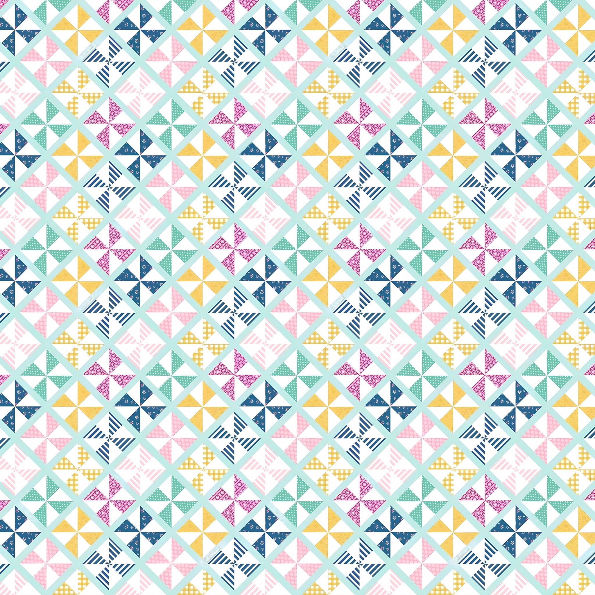 Geometric pinwheel patchwork print mint pink navy mustard yellow white quilting fabric for quilts bags cushions and nursery décor