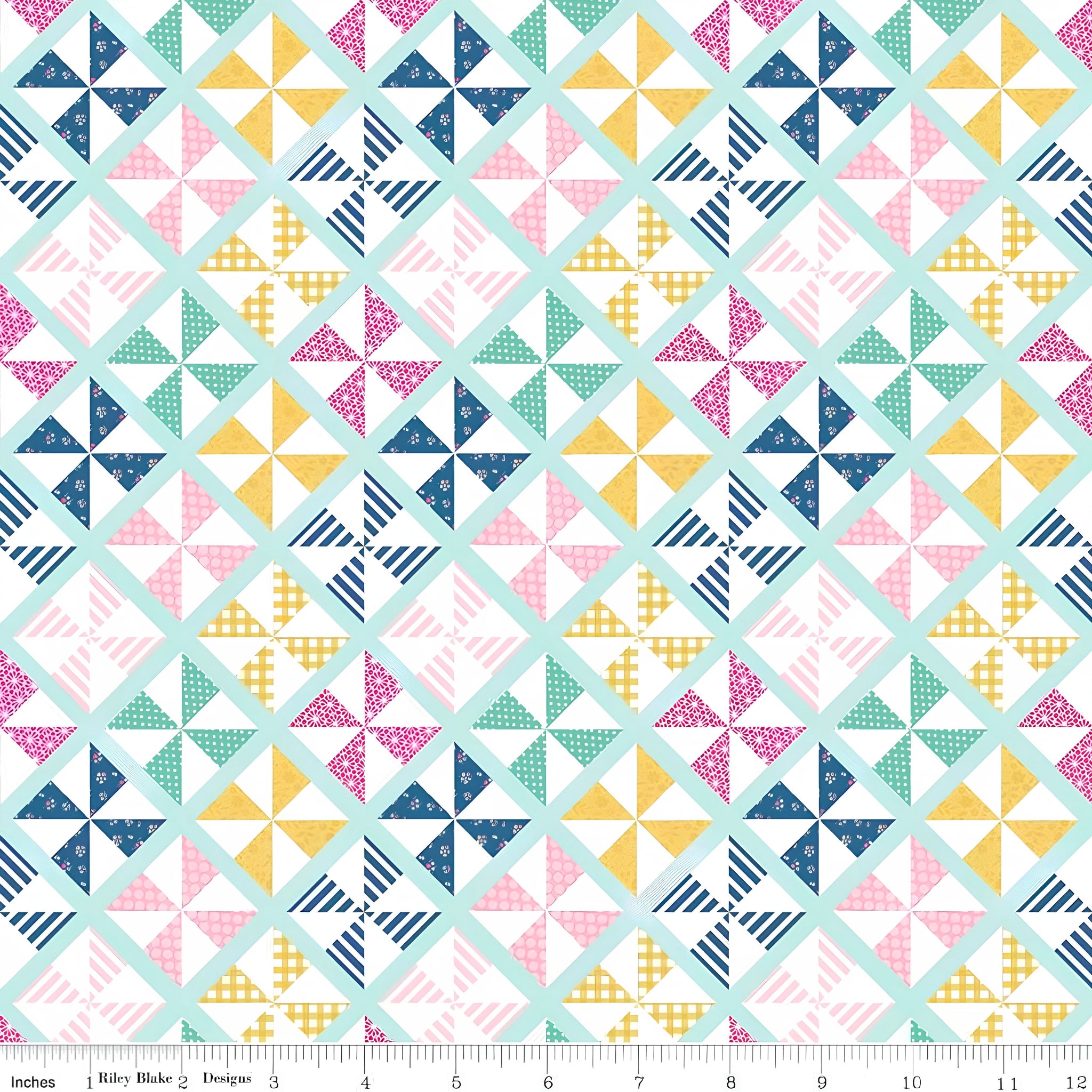 Geometric pinwheel patchwork print mint pink navy mustard yellow white quilting fabric for quilts bags cushions and nursery décor