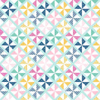 Geometric pinwheel patchwork print mint pink navy mustard yellow white quilting fabric for quilts bags cushions and nursery décor