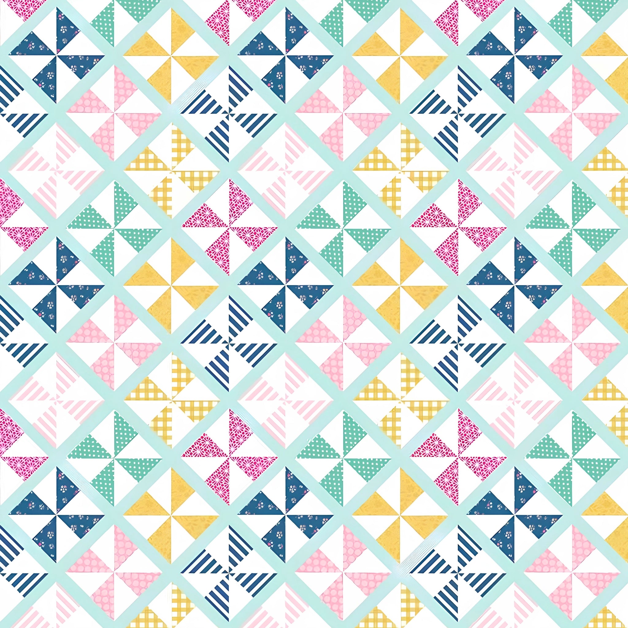 Geometric pinwheel patchwork print mint pink navy mustard yellow white quilting fabric for quilts bags cushions and nursery décor