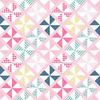 Geometric pinwheel patchwork print pink mint navy mustard yellow white quilting fabric for quilts bags cushions and nursery décor