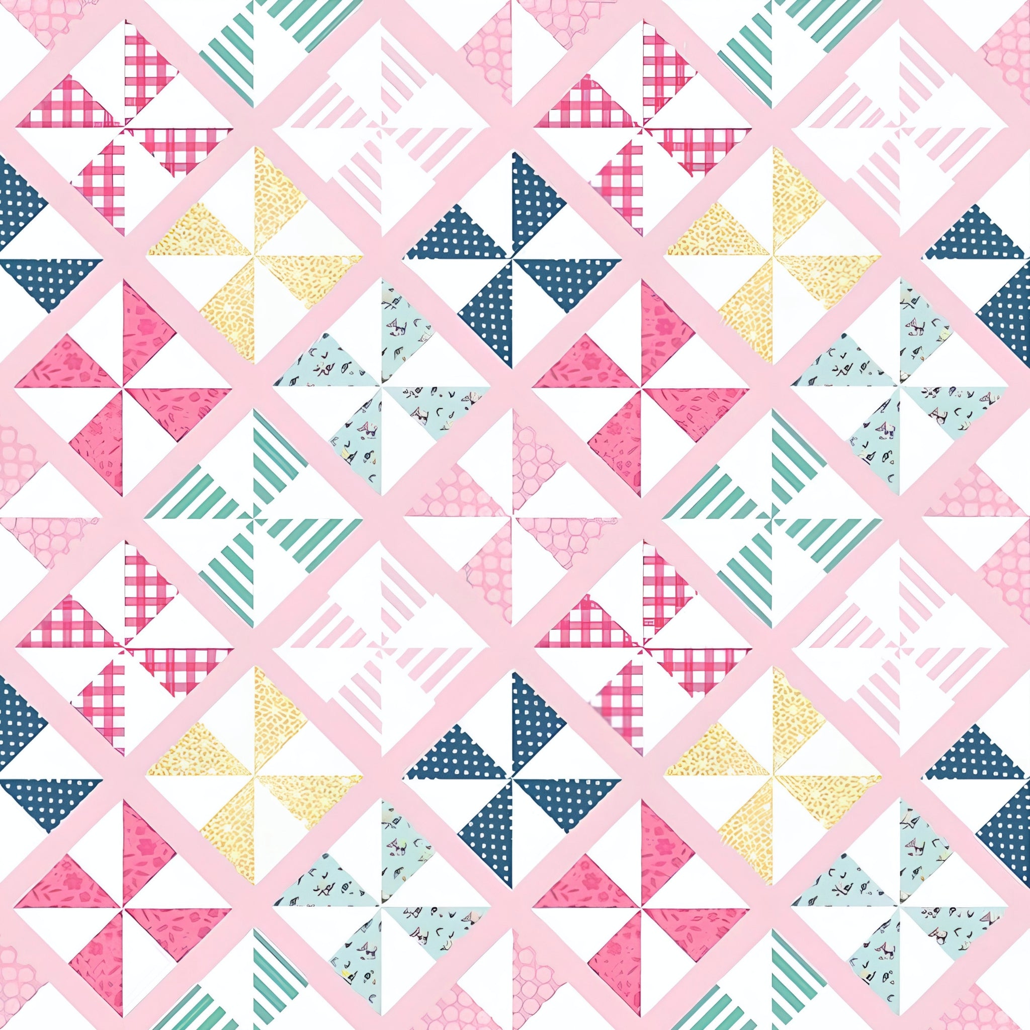 Geometric pinwheel patchwork print pink mint navy mustard yellow white quilting fabric for quilts bags cushions and nursery décor