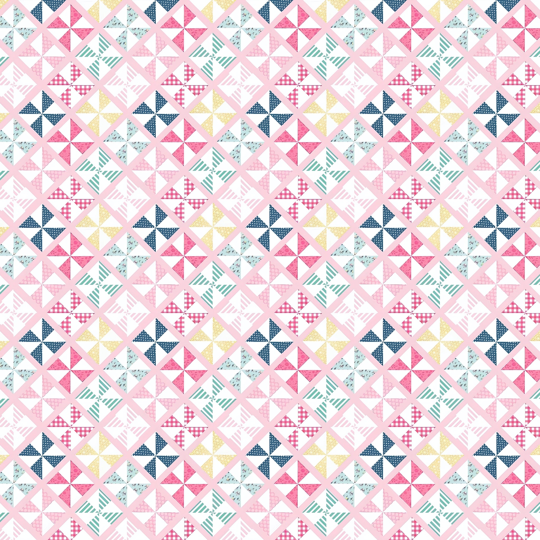 Geometric pinwheel patchwork print pink mint navy mustard yellow white quilting fabric for quilts bags cushions and nursery décor