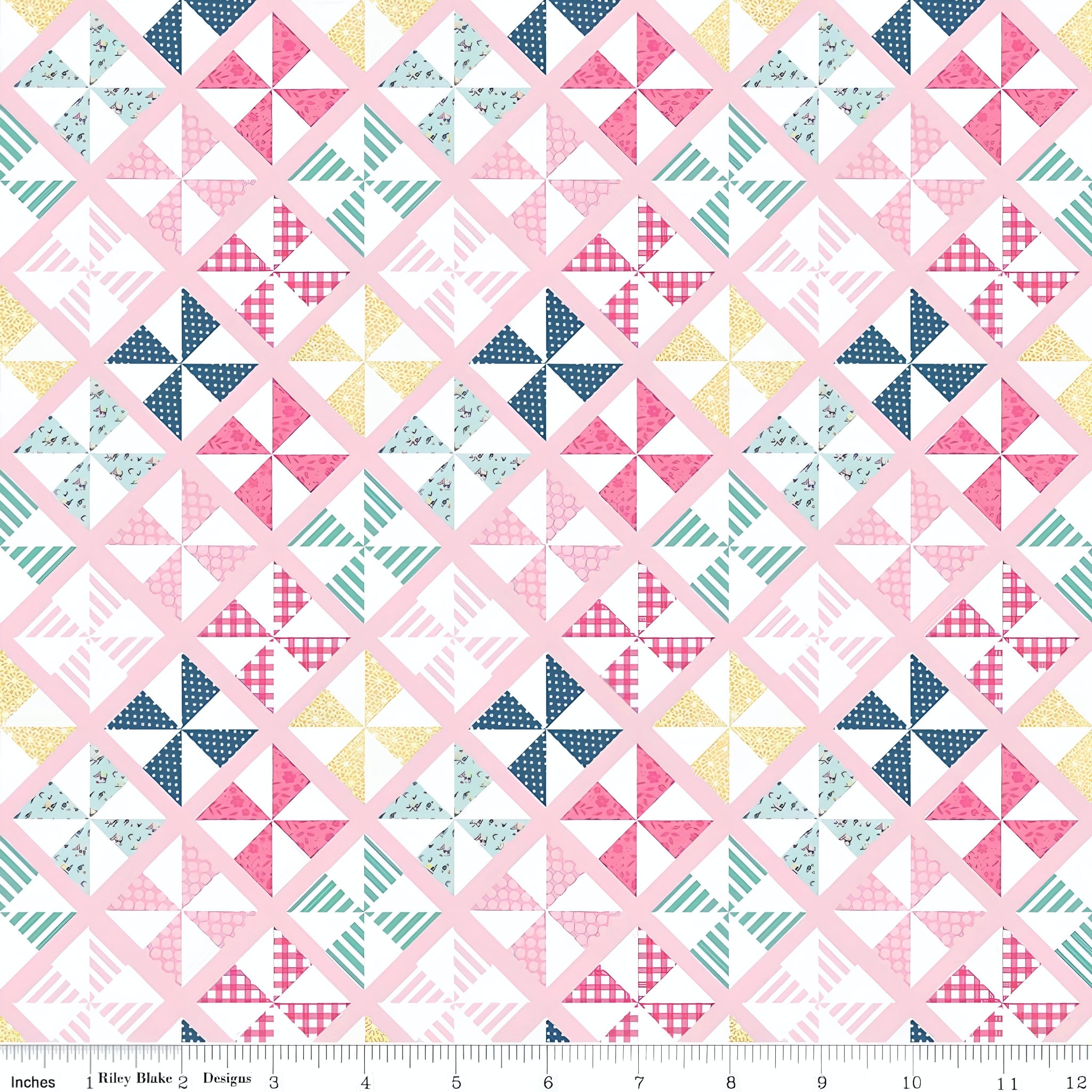 Geometric pinwheel patchwork print pink mint navy mustard yellow white quilting fabric for quilts bags cushions and nursery décor