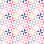 Geometric pinwheel patchwork print pink mint navy mustard yellow white quilting fabric for quilts bags cushions and nursery décor