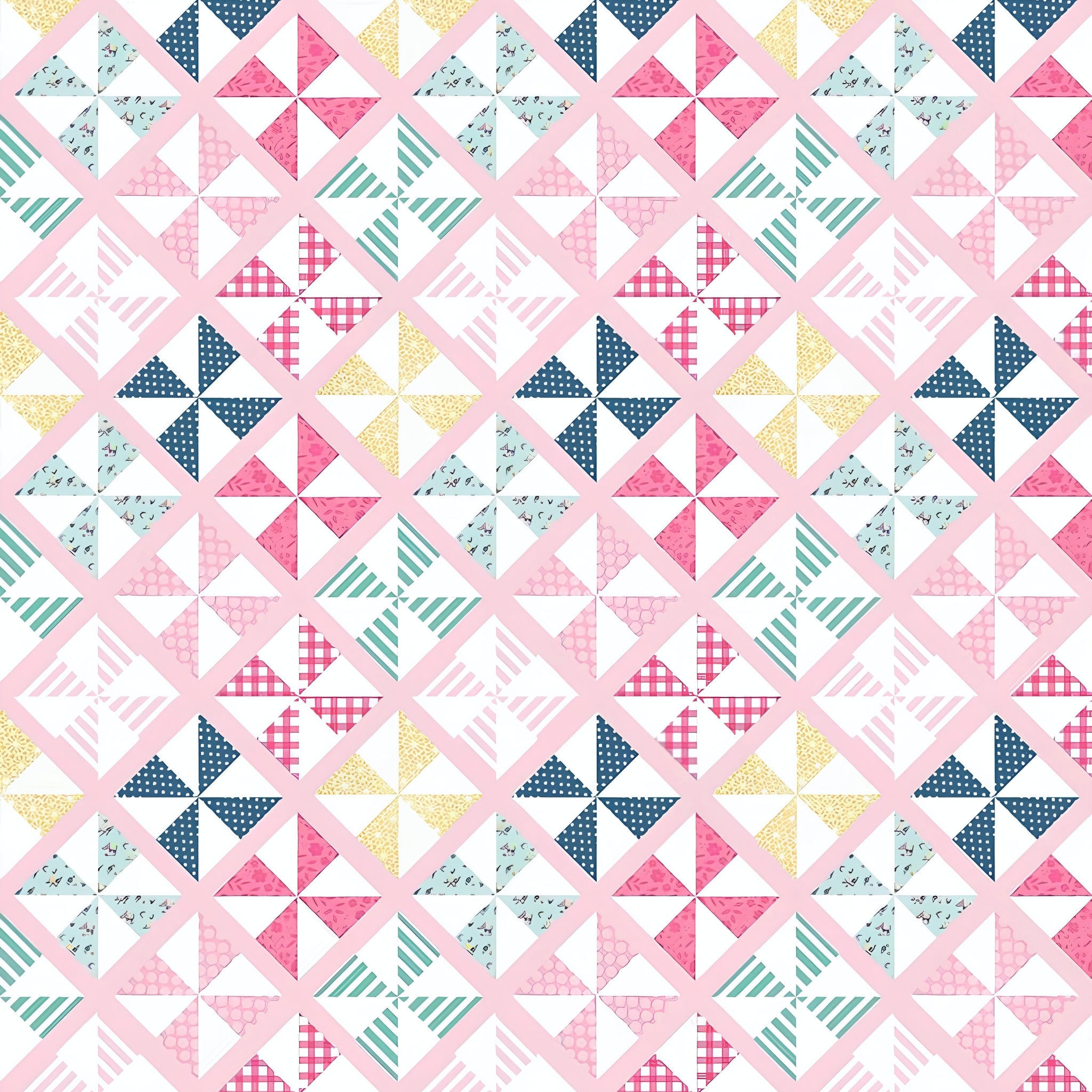 Geometric pinwheel patchwork print pink mint navy mustard yellow white quilting fabric for quilts bags cushions and nursery décor