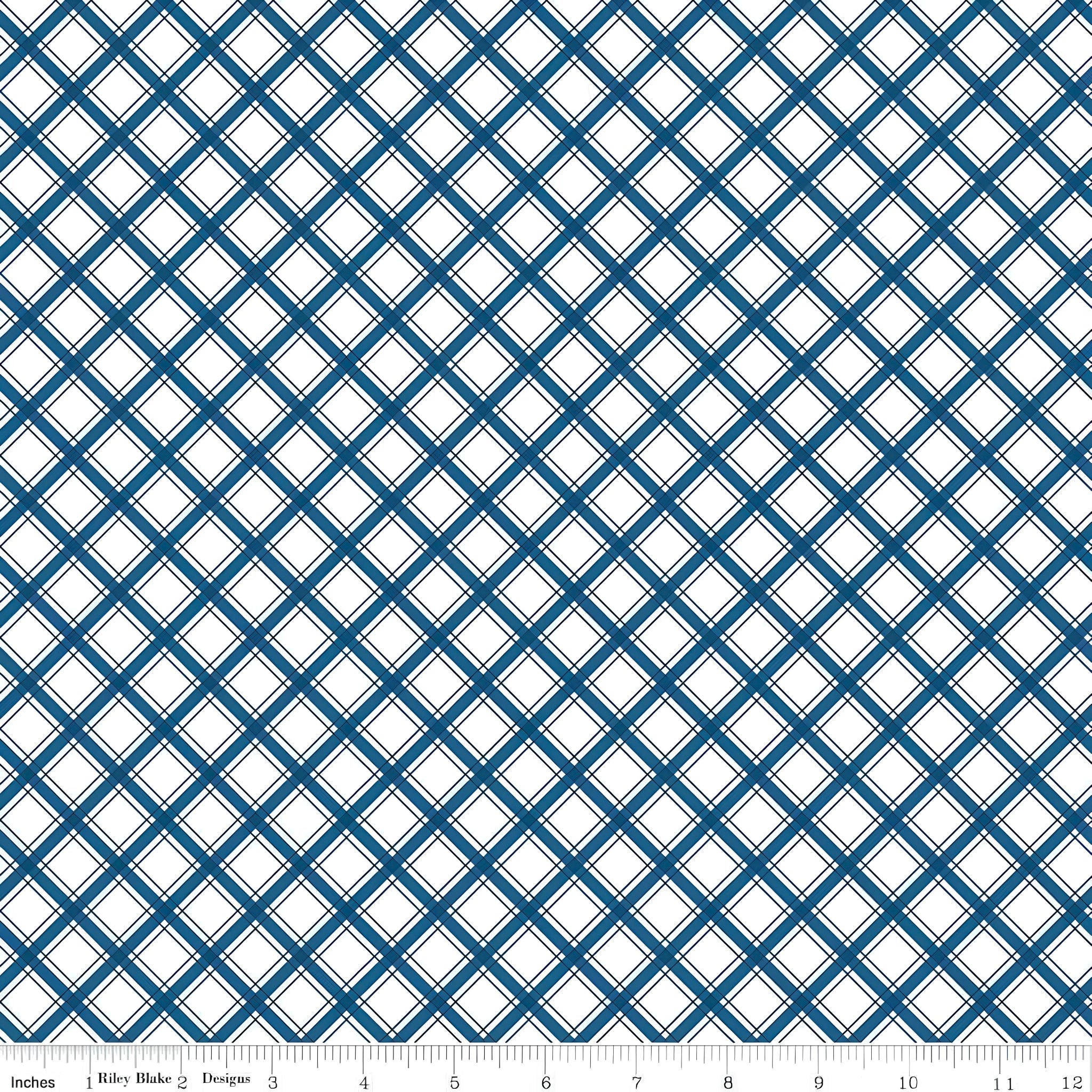 Diagonal plaid lattice navy blue white geometric quilting fabric for sashing binding cushions and bag linings