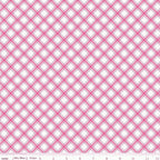 Hot pink and white diagonal plaid quilting cotton fabric. Ideal for blender and binding