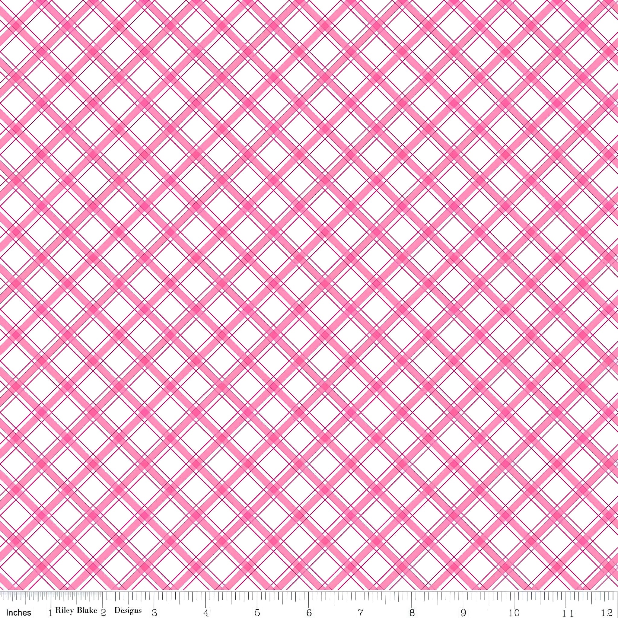 Diagonal plaid lattice hot pink white geometric quilting fabric for sashing binding cushions and bag linings