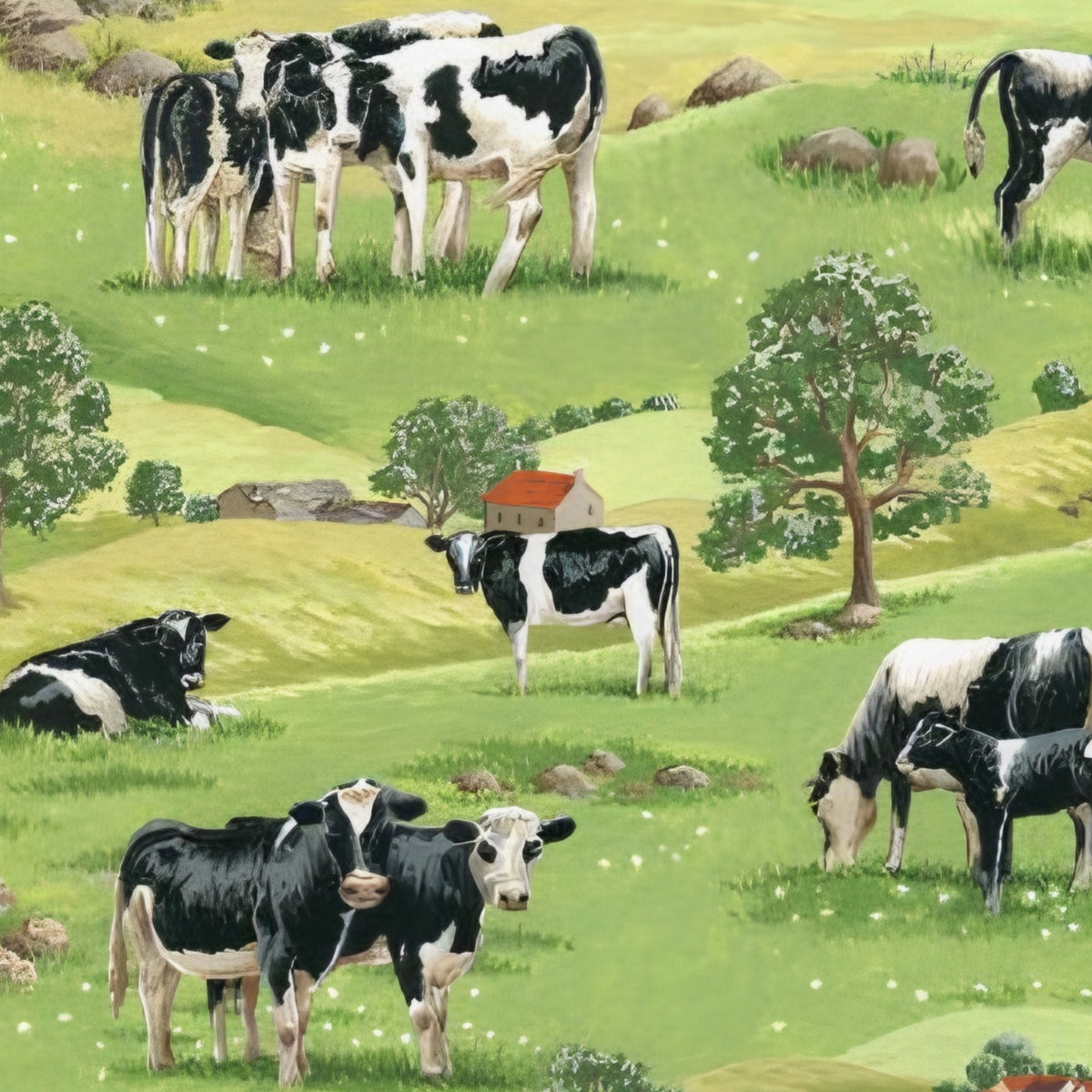 Realistic black and white Friesian dairy cow scenic green countryside quilting fabric for farm quilts wall hangings and gifts for farmers and cow lovers