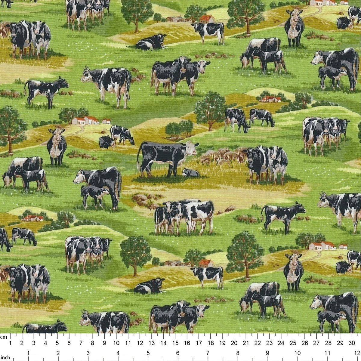 Realistic black and white Friesian dairy cow scenic green countryside quilting fabric for farm quilts wall hangings and gifts for farmers and cow lovers