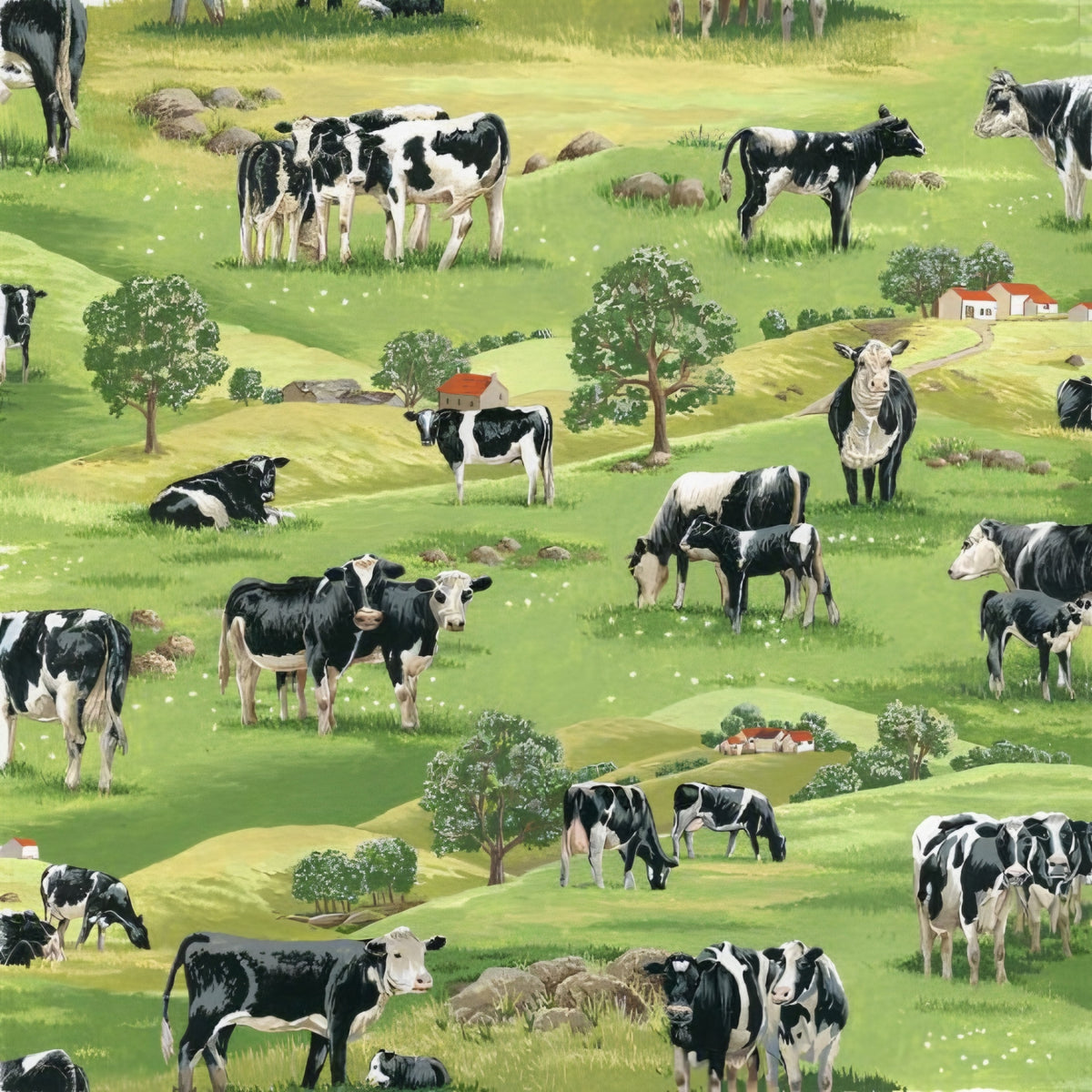 Realistic black and white Friesian dairy cow scenic green countryside quilting fabric for farm quilts wall hangings and gifts for farmers and cow lovers