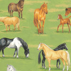 Realistic horses and foals green paddock multi-colour quilting fabric for horse quilts cushion covers tote bags and gifts for horse lovers