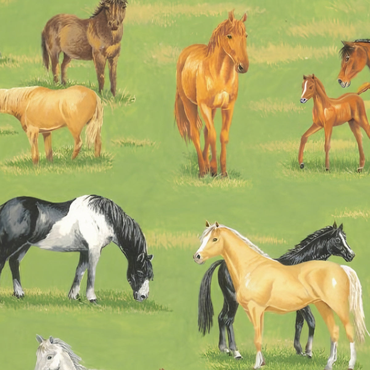 Realistic horses and foals green paddock multi-colour quilting fabric for horse quilts cushion covers tote bags and gifts for horse lovers